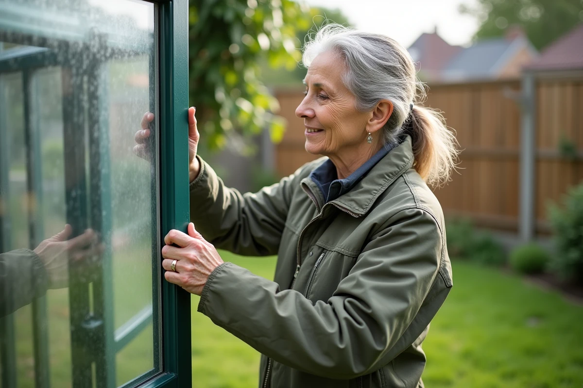 Femme d'âge moyen inspectant une serre en jardinage