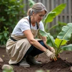 Jardinière débutante examinant un jeune bananier planté dans une terre trop compacte au jardin