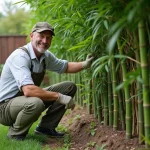 Homme en jardinage près d'une haie de bambou dense