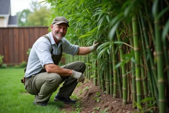 Homme en jardinage près d'une haie de bambou dense