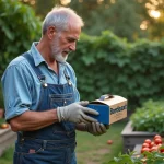 Jardinier lisant l'étiquette d'un produit de bouillie bordelaise dans un potager familial, illustration des restrictions d'usage