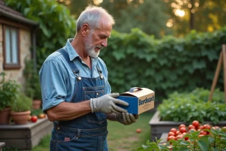 Jardinier lisant l'étiquette d'un produit de bouillie bordelaise dans un potager familial, illustration des restrictions d'usage