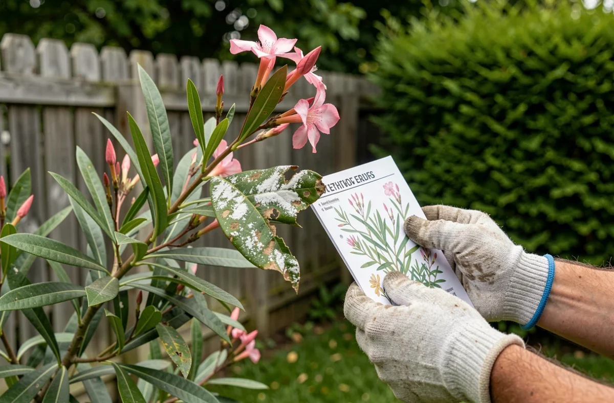 Jardinier inspectant des feuilles de laurier-rose malades avec taches blanches, comparant les symptômes à un guide d'identification des maladies des plantes
