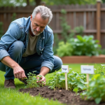 Homme en jardin examinant deux zones de mauvaises herbes avec Triclopyr et Glyphosate