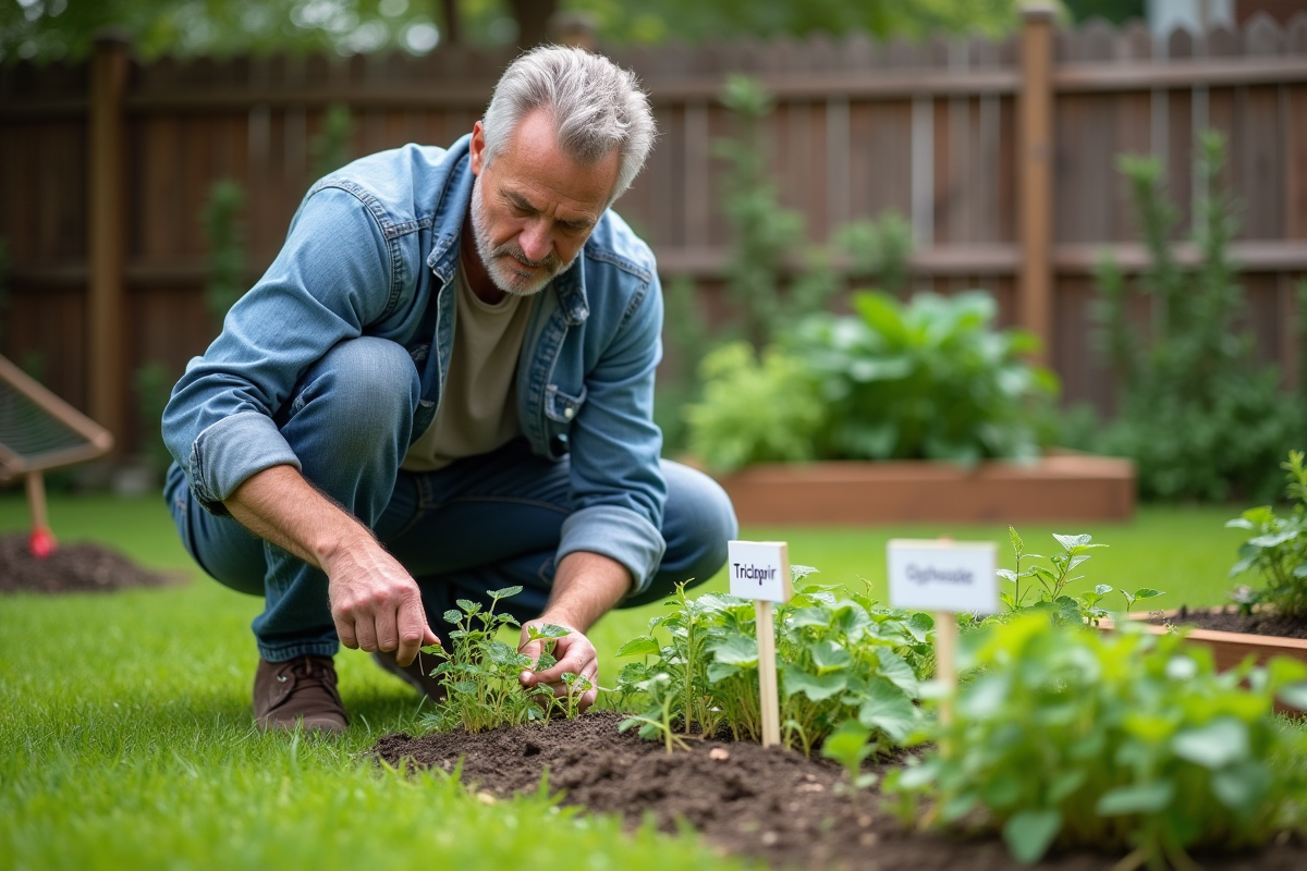 Homme en jardin examinant deux zones de mauvaises herbes avec Triclopyr et Glyphosate
