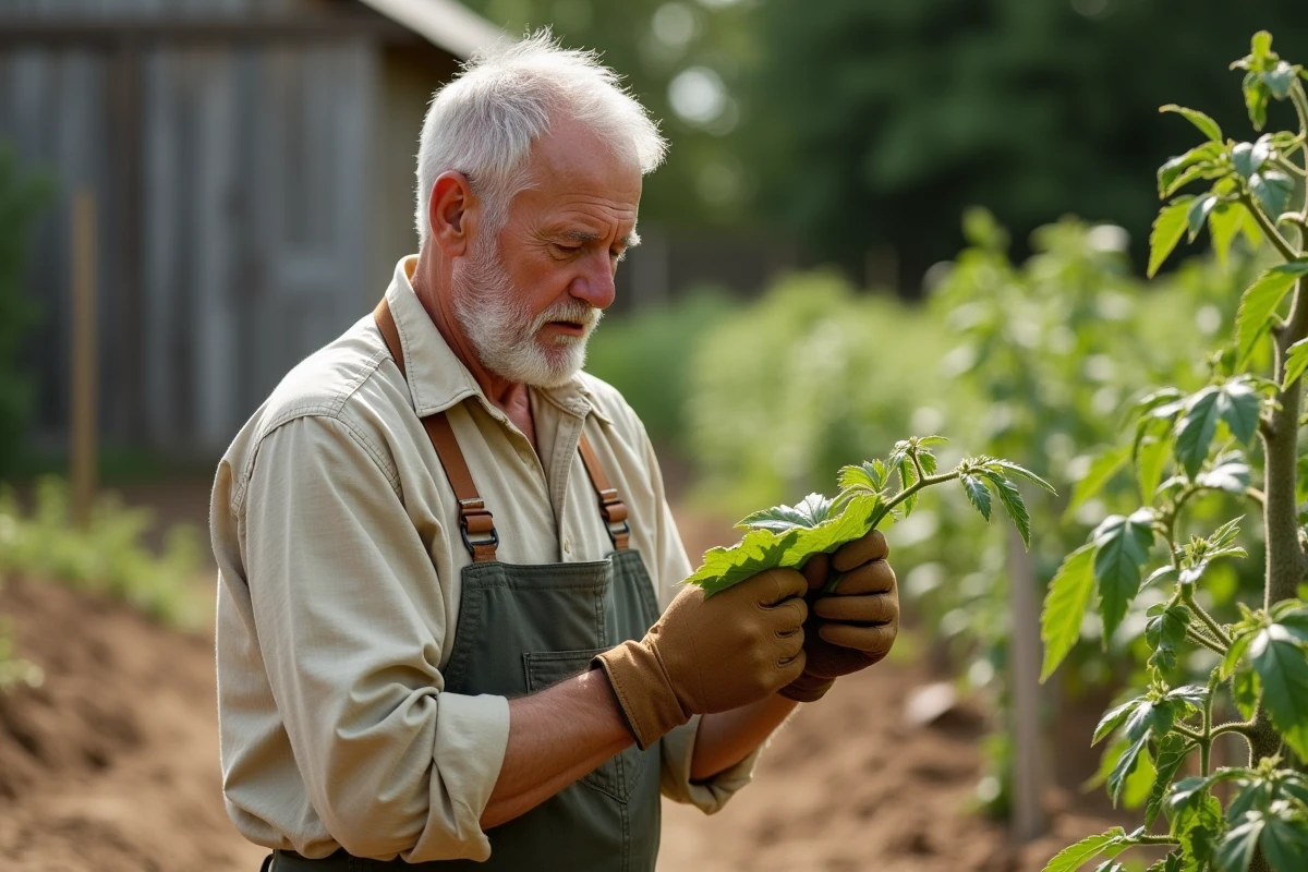 Jardinier inspectant le dessous d'une feuille de tomate infestée de petites bêtes rouges dans un potager en été