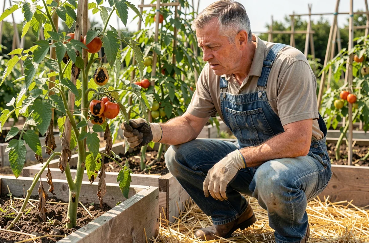 Jardinier expérimenté inspectant une plante de tomate avec des lésions sur la tige, cherchant à identifier une maladie au potager