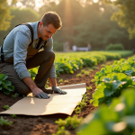 Jardinier en matinée étalant du carton dans un jardin potager