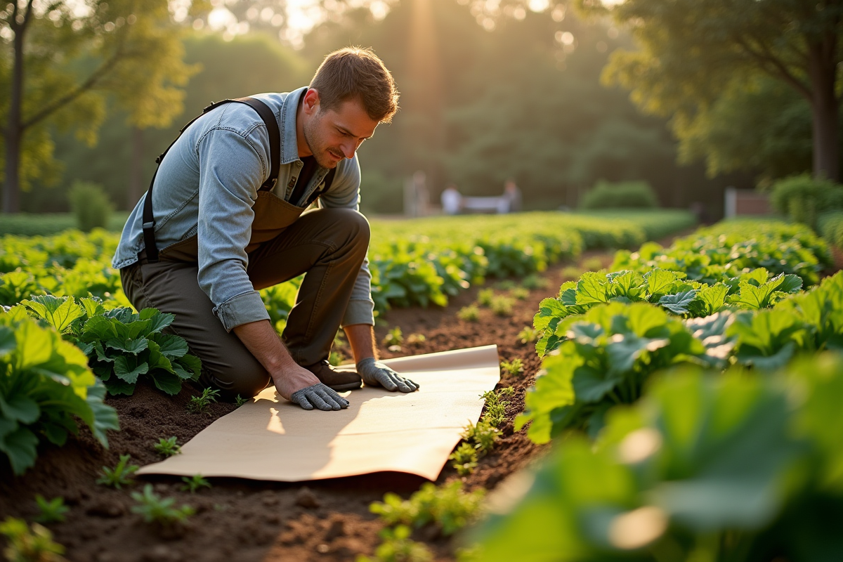 Jardinier en matinée étalant du carton dans un jardin potager