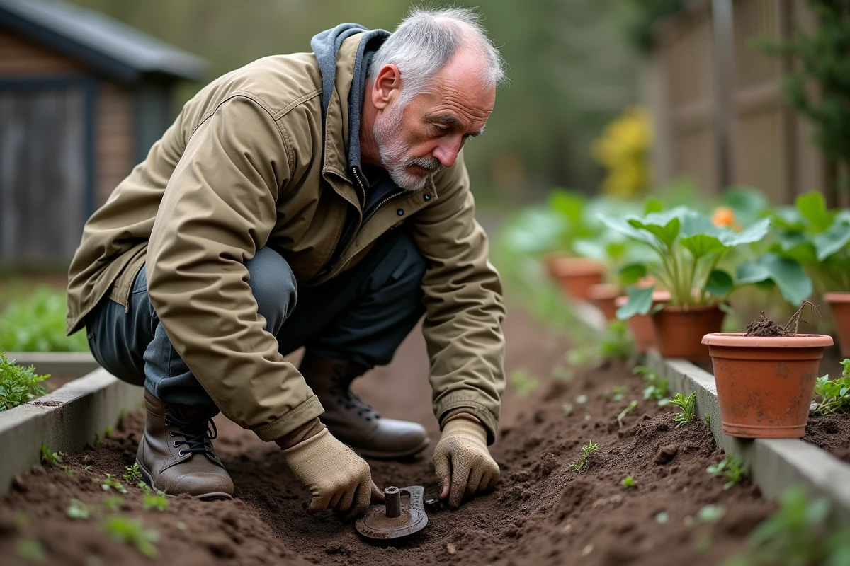 Jardinier posant un piège à taupe mécanique dans un tunnel souterrain de jardin potager