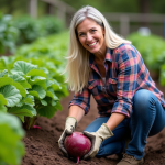 Femme récoltant une grosse betterave dans le jardin