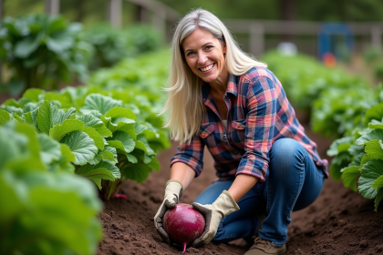 Femme récoltant une grosse betterave dans le jardin
