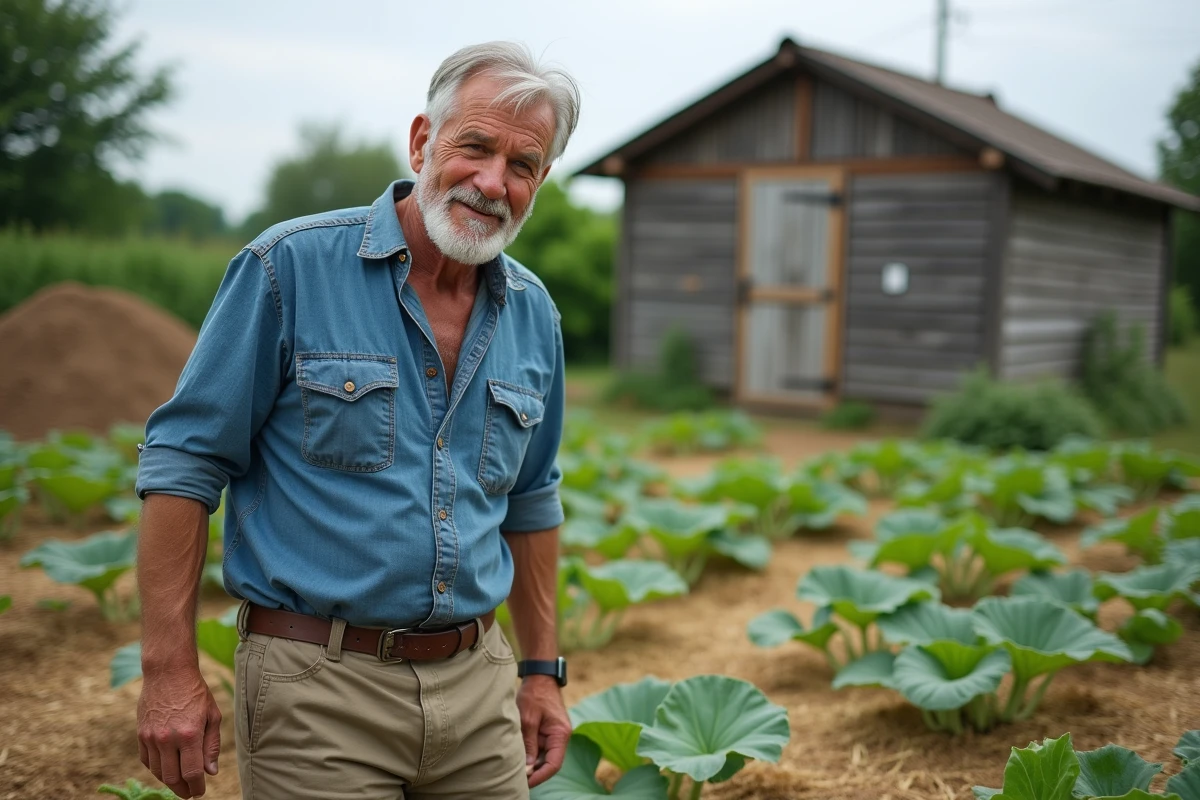 Jardinier observant ses semis de haricots qui lèvent dans un jardin potager en permaculture sans labour ni engrais chimiques
