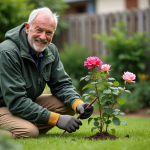 Homme jardinier taillant des roses dans son jardin