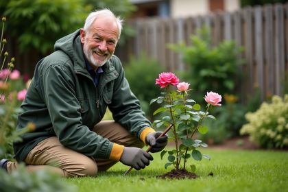 Homme jardinier taillant des roses dans son jardin