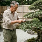 Jardinier professionnel taillant un Prunus en nuage dans un jardin japonisant avec pierres et gravier râtelé