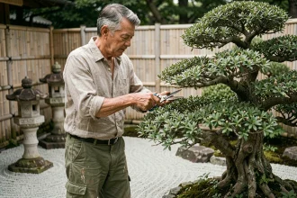 Jardinier professionnel taillant un Prunus en nuage dans un jardin japonisant avec pierres et gravier râtelé