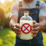 Jardinier tenant une bouteille de vinaigre blanc avec un panneau d'interdiction en arrière-plan