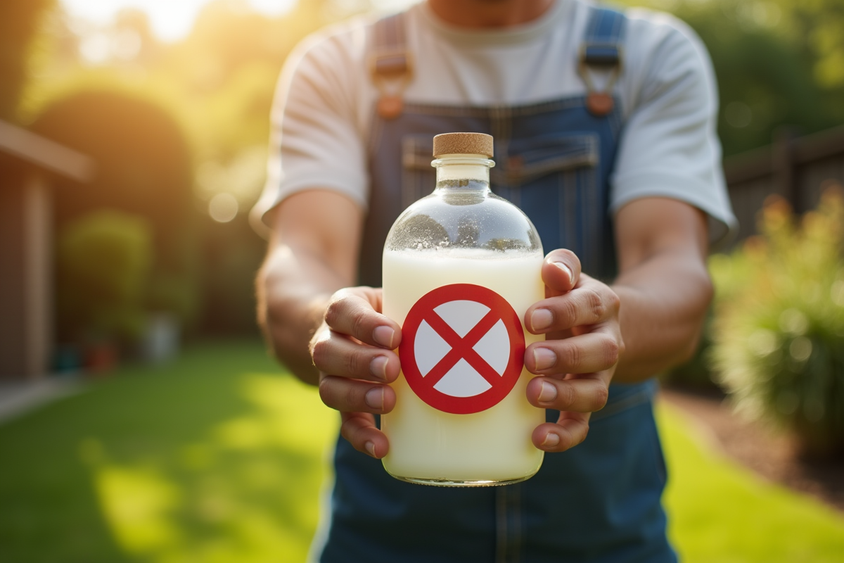 Jardinier tenant une bouteille de vinaigre blanc avec un panneau d'interdiction en arrière-plan