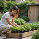 Femme arrangeant des herbes en pot dans un jardin moderne