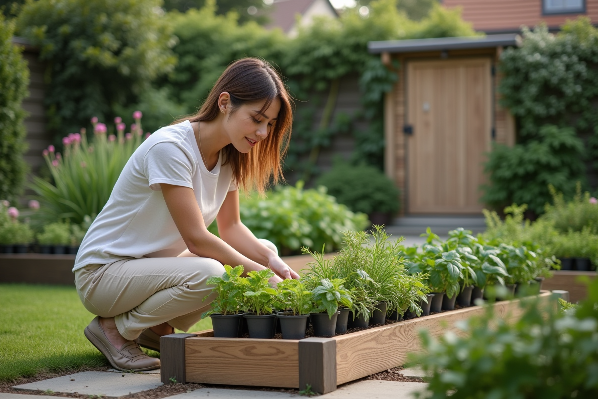 Femme arrangeant des herbes en pot dans un jardin moderne