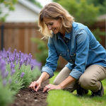Femme d'âge moyen en tenue de jardinage arrangeant des lavandes dans un jardin