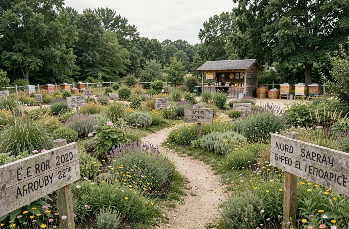 Chemin naturel traversant la pépinière écologique Les Jardins de l'oiseau à Sazeray avec plantes indigènes et ruches