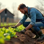 Jeune agriculteur examinant ses semis dans un champ cultivé, symbolisant le démarrage d'une exploitation agricole avec Agriculture SHOP
