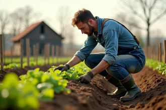 Jeune agriculteur examinant ses semis dans un champ cultivé, symbolisant le démarrage d'une exploitation agricole avec Agriculture SHOP