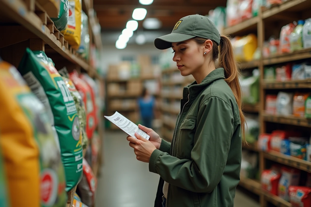Jeune femme agricultrice dans un magasin agricole comparant des semences, illustrant les achats abordables pour démarrer une exploitation