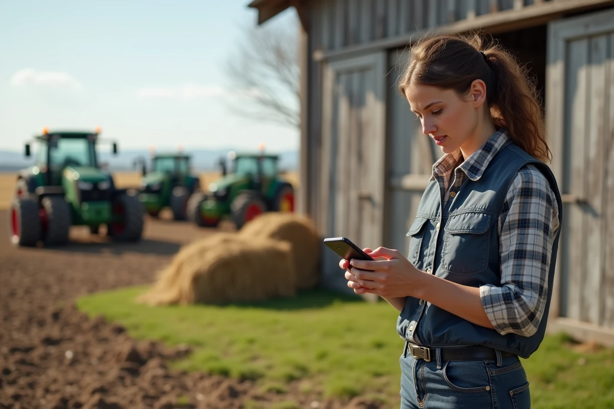 Jeune femme fermière utilisant un smartphone à l
