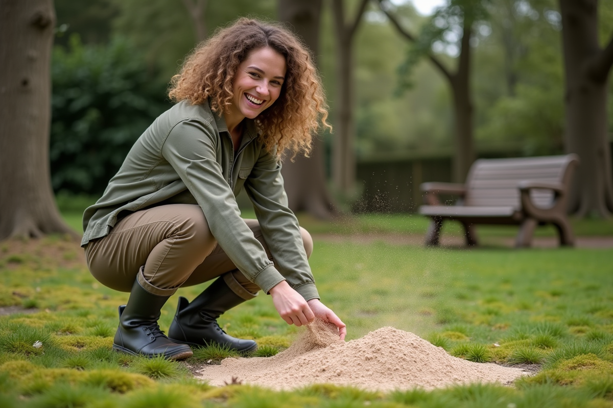 Jeune femme avec cheveux bouclés étale un mélange naturel sur la pelouse