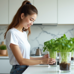 Jeune femme examine des plantes hydroponiques dans la cuisine moderne