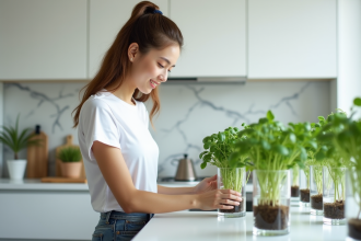 Jeune femme examine des plantes hydroponiques dans la cuisine moderne