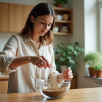 Jeune femme versant des graines dans un bol d'eau en cuisine