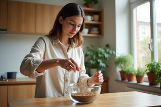 Jeune femme versant des graines dans un bol d'eau en cuisine