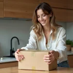Jeune femme souriante déballant une box écologique dans la cuisine