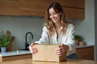 Jeune femme souriante déballant une box écologique dans la cuisine