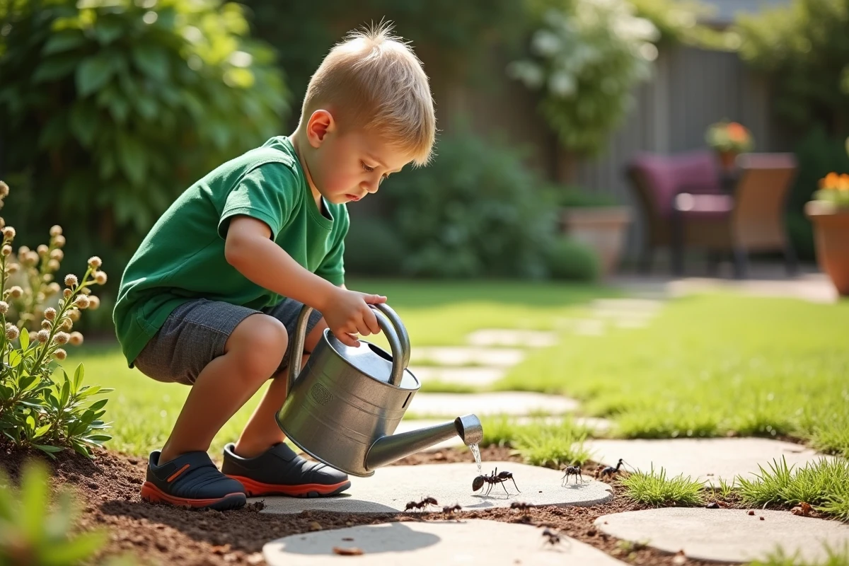 Garçon arrosant des fourmis dans le jardin en été