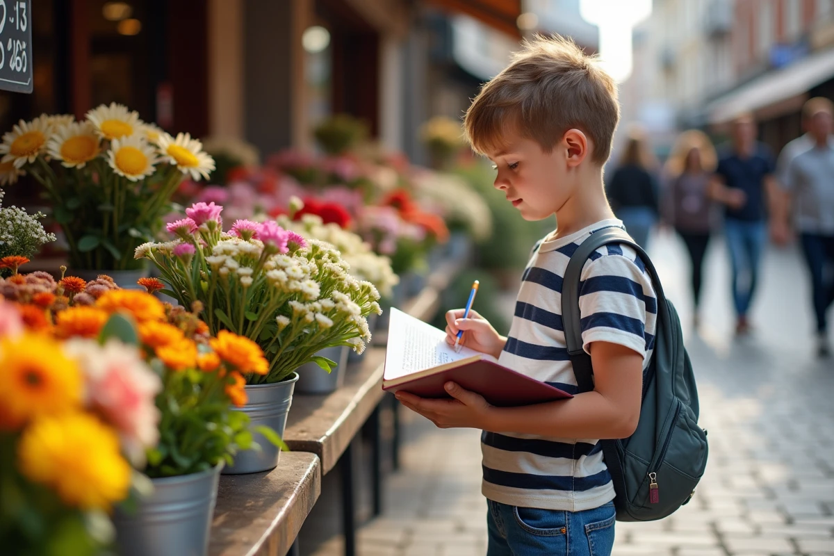 Jeune garçon dans un marché aux fleurs en extérieur