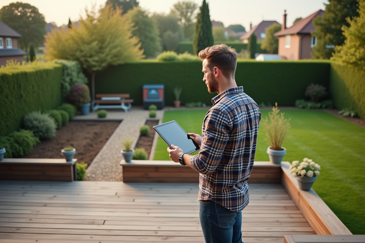 Jeune homme planifiant son jardin avec une tablette