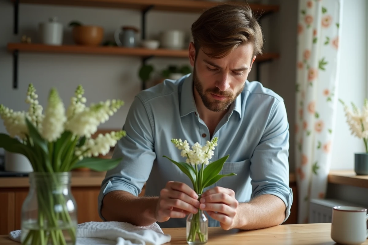 Jeune homme arrangeant une fleur dans un vase en cuisine