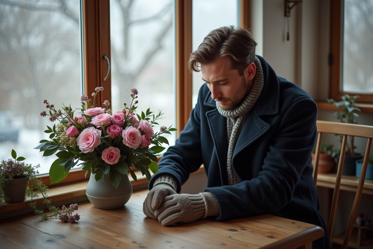 Jeune homme arrangeant des fleurs d