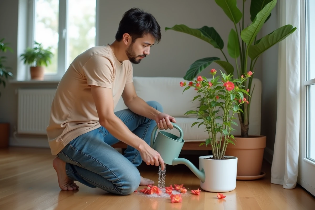 Jeune homme arrosant une plante bougainvillea en intérieur