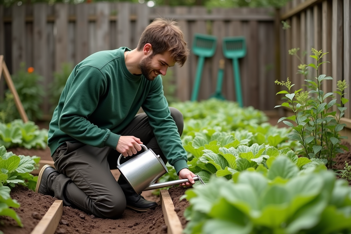 Jeune homme arrosant ses légumes dans le jardin