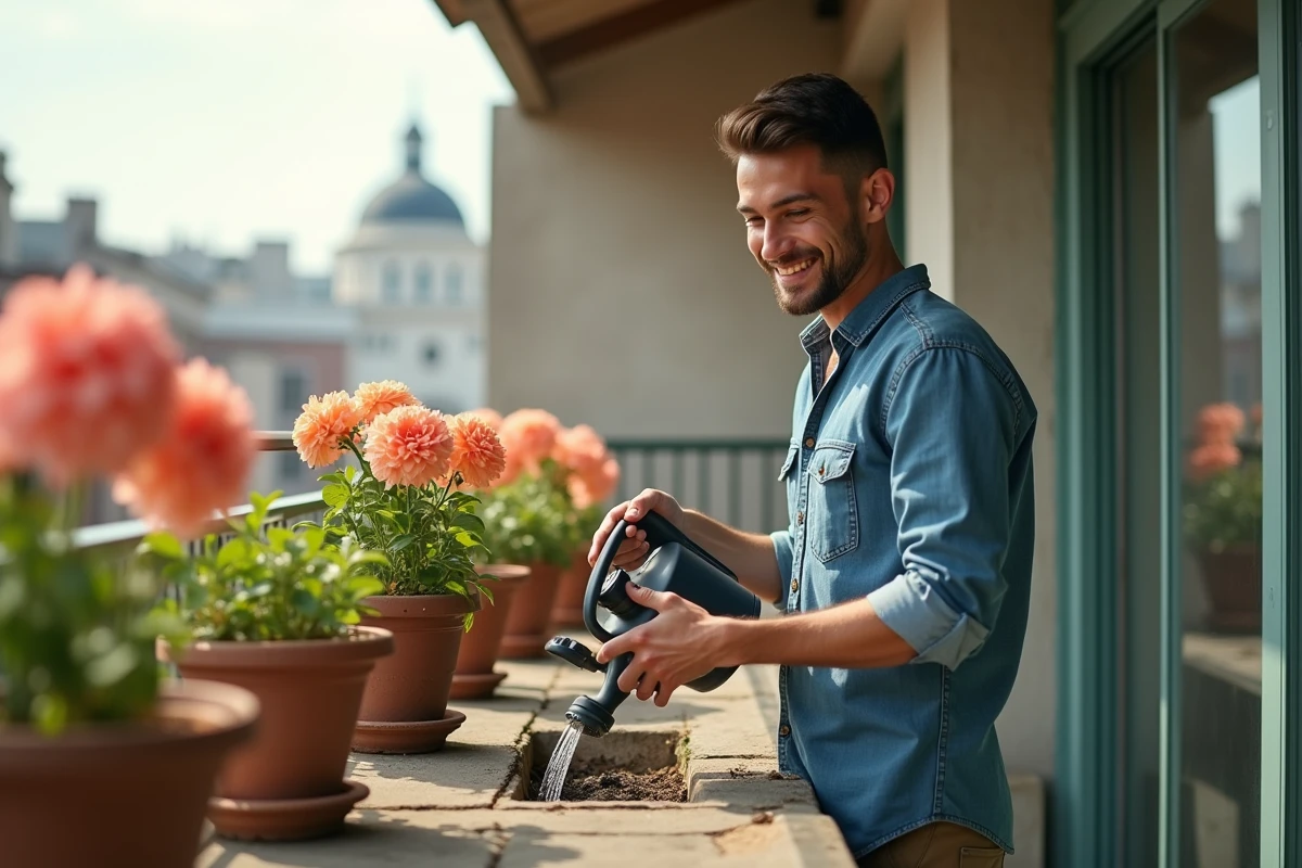 Jeune homme arrosant des lisianthus en balcon ensoleille