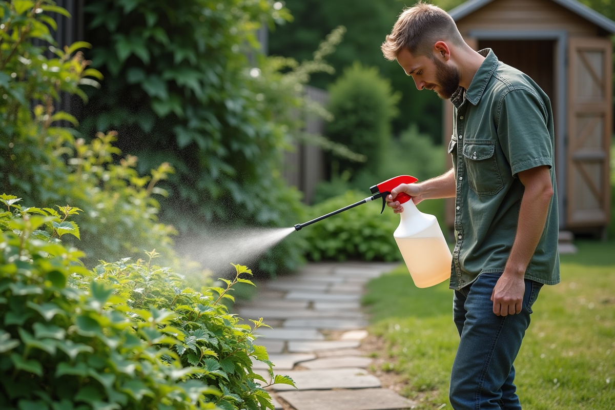 Jeune homme vaporisant une solution de vinaigre sur des orties dans le jardin