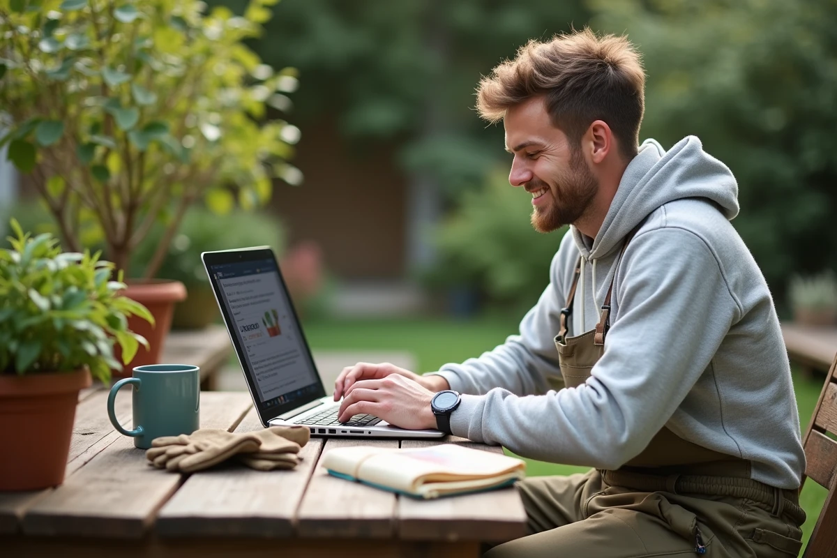 Jeune homme utilisant un ordinateur avec plantes en arrière-plan