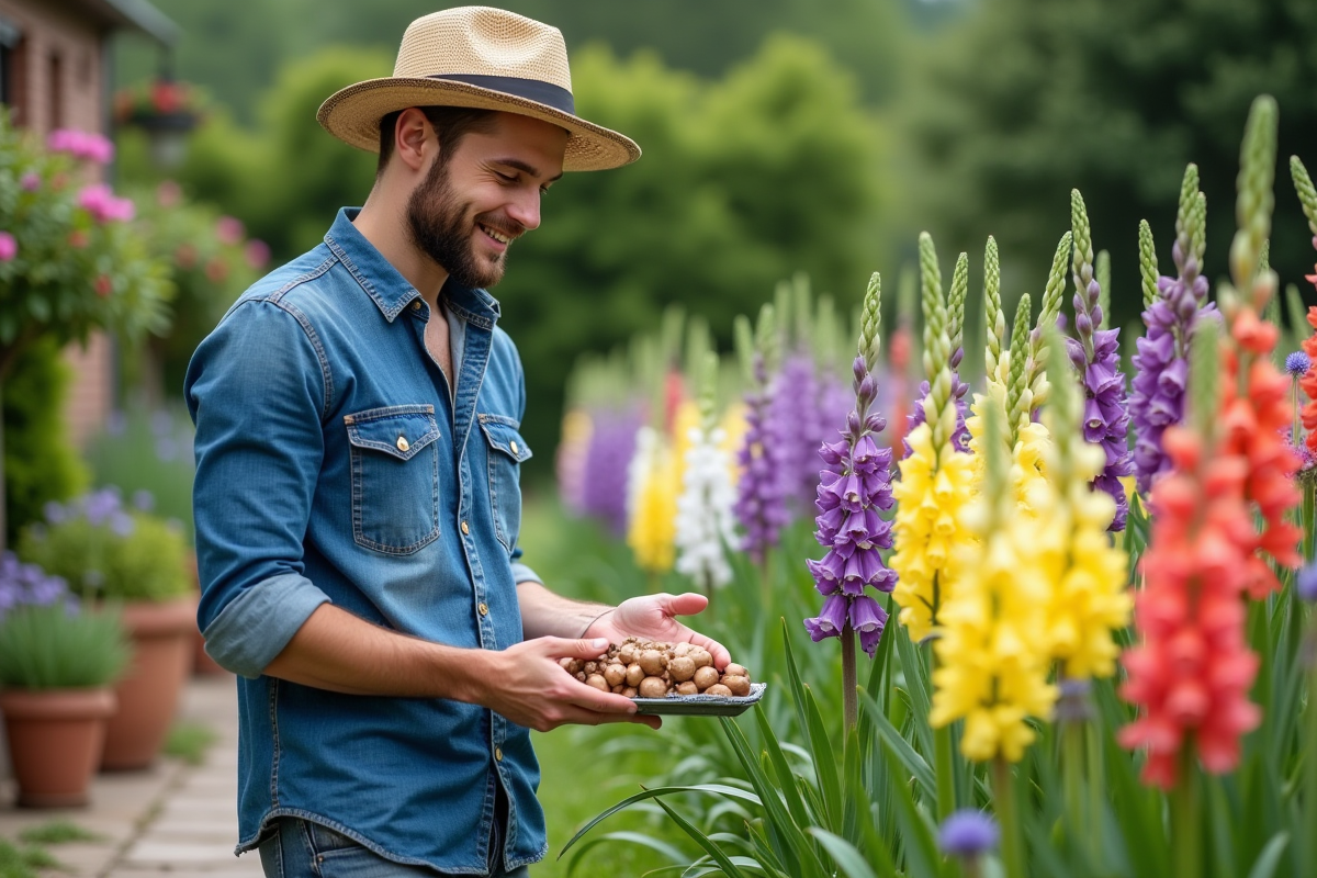 Jeune homme avec chapeau de paille examine des fleurs dans le jardin