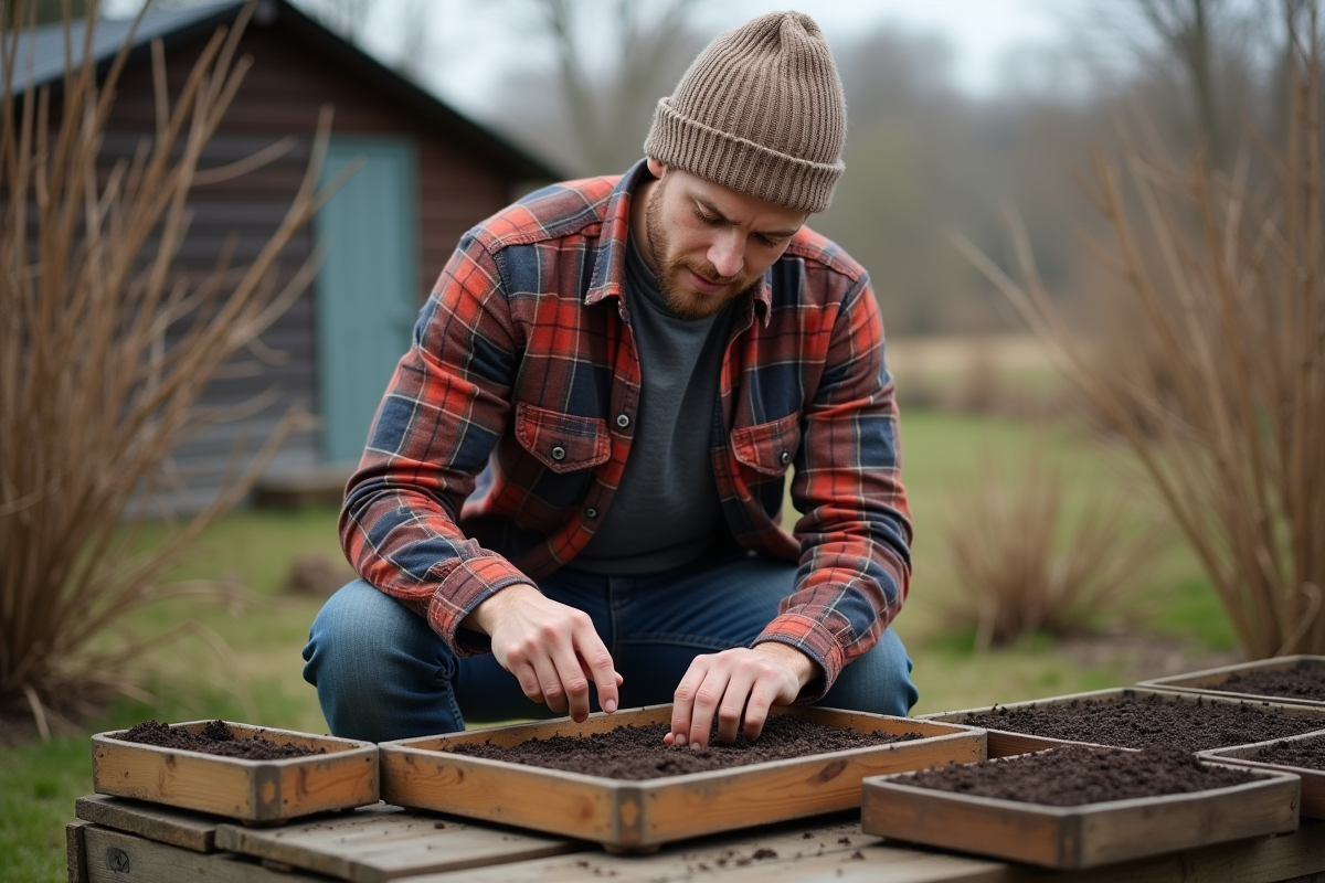 Jeune homme semant des graines dans un jardin extérieur
